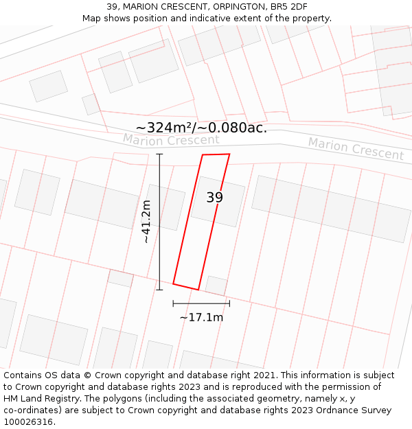 39, MARION CRESCENT, ORPINGTON, BR5 2DF: Plot and title map