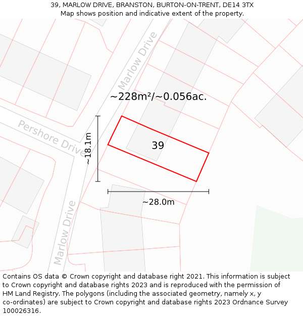 39, MARLOW DRIVE, BRANSTON, BURTON-ON-TRENT, DE14 3TX: Plot and title map