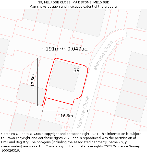 39, MELROSE CLOSE, MAIDSTONE, ME15 6BD: Plot and title map