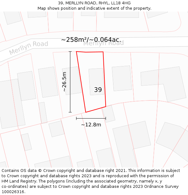 39, MERLLYN ROAD, RHYL, LL18 4HG: Plot and title map