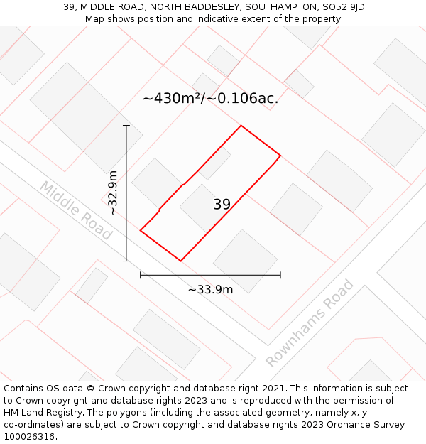 39, MIDDLE ROAD, NORTH BADDESLEY, SOUTHAMPTON, SO52 9JD: Plot and title map