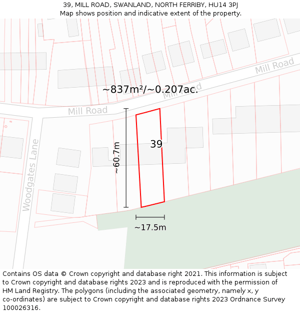 39, MILL ROAD, SWANLAND, NORTH FERRIBY, HU14 3PJ: Plot and title map