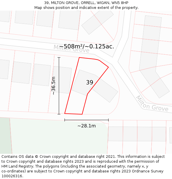 39, MILTON GROVE, ORRELL, WIGAN, WN5 8HP: Plot and title map