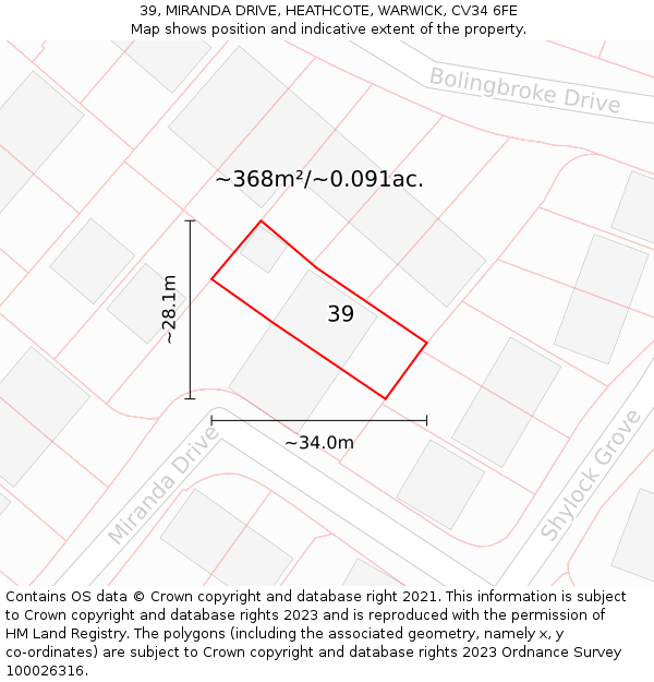 39, MIRANDA DRIVE, HEATHCOTE, WARWICK, CV34 6FE: Plot and title map