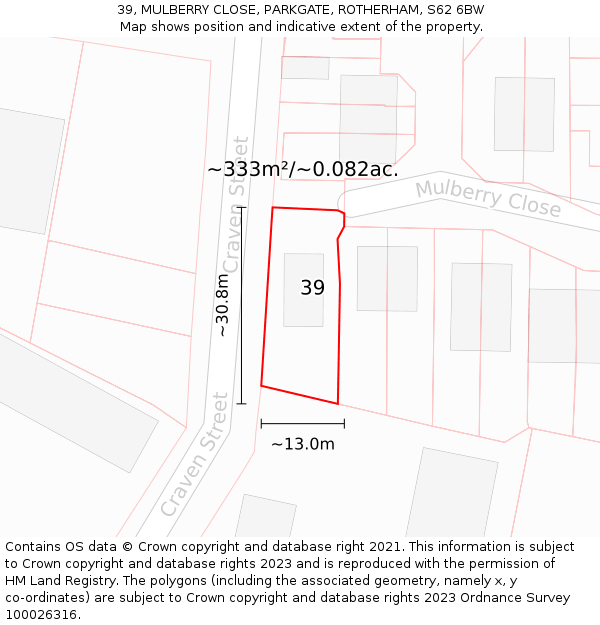 39, MULBERRY CLOSE, PARKGATE, ROTHERHAM, S62 6BW: Plot and title map