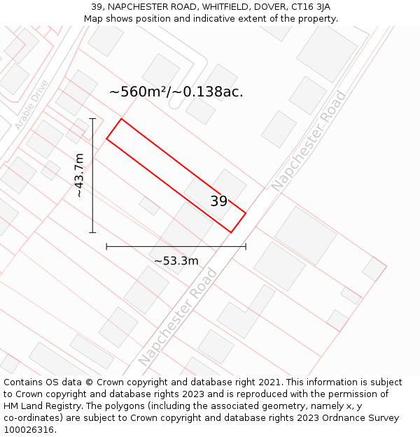 39, NAPCHESTER ROAD, WHITFIELD, DOVER, CT16 3JA: Plot and title map