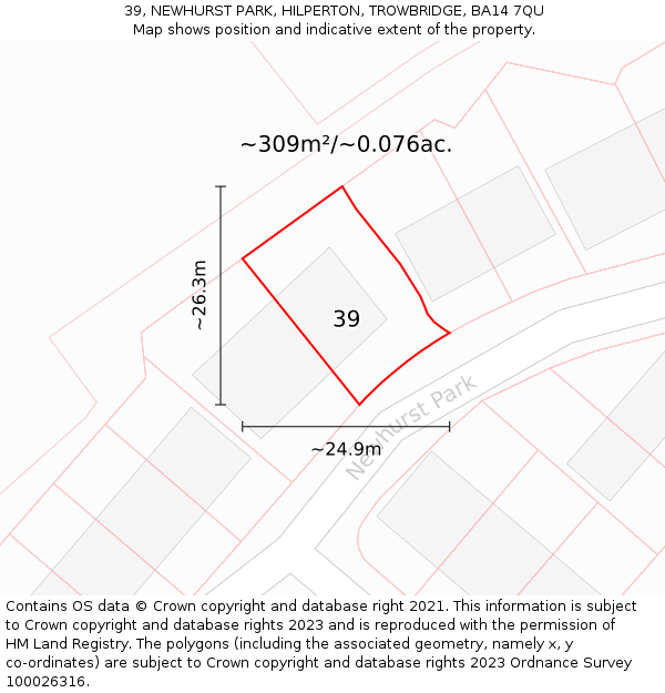 39, NEWHURST PARK, HILPERTON, TROWBRIDGE, BA14 7QU: Plot and title map
