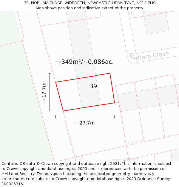 39, NORHAM CLOSE, WIDEOPEN, NEWCASTLE UPON TYNE, NE13 7HS: Plot and title map