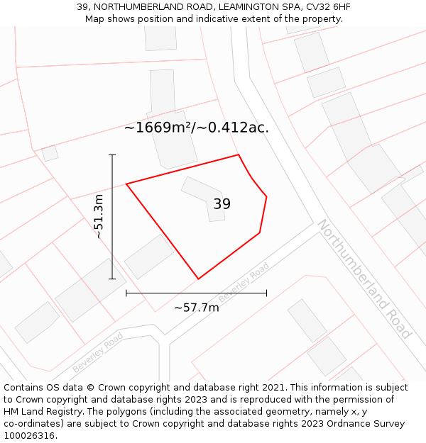 39, NORTHUMBERLAND ROAD, LEAMINGTON SPA, CV32 6HF: Plot and title map