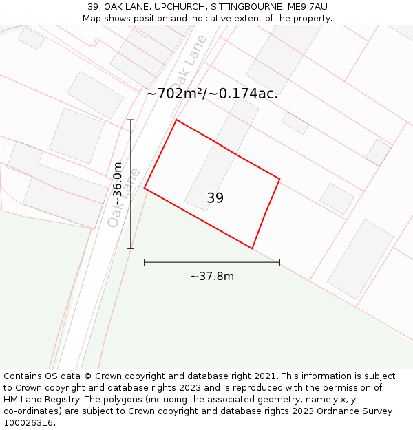 39, OAK LANE, UPCHURCH, SITTINGBOURNE, ME9 7AU: Plot and title map