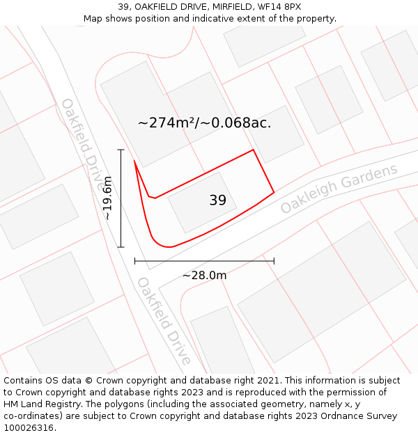 39, OAKFIELD DRIVE, MIRFIELD, WF14 8PX: Plot and title map