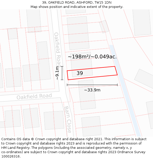 39, OAKFIELD ROAD, ASHFORD, TW15 1DN: Plot and title map