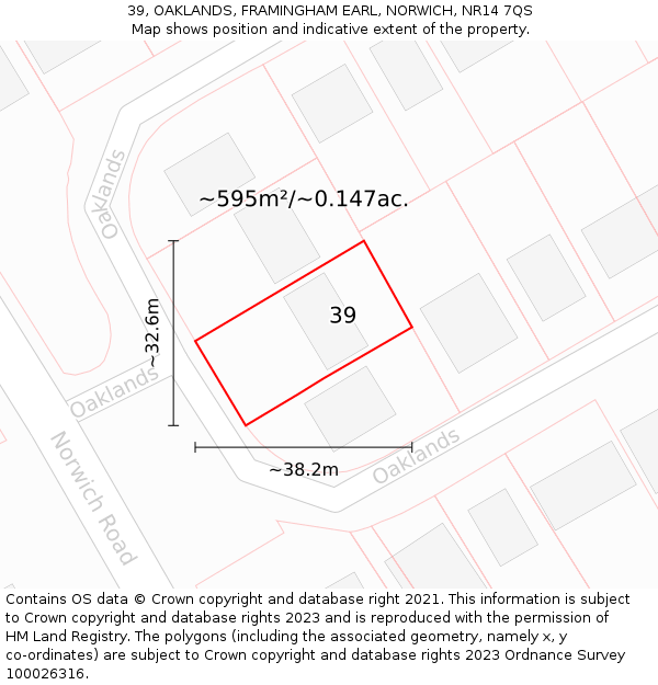 39, OAKLANDS, FRAMINGHAM EARL, NORWICH, NR14 7QS: Plot and title map