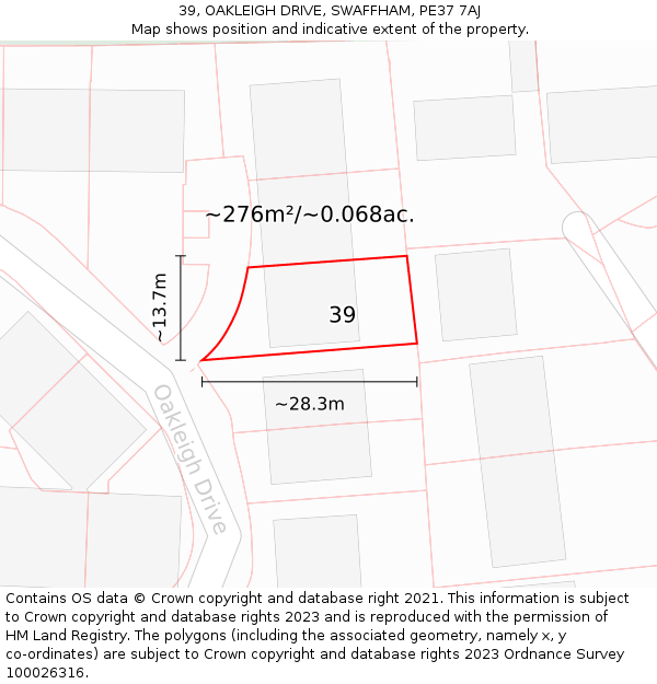 39, OAKLEIGH DRIVE, SWAFFHAM, PE37 7AJ: Plot and title map