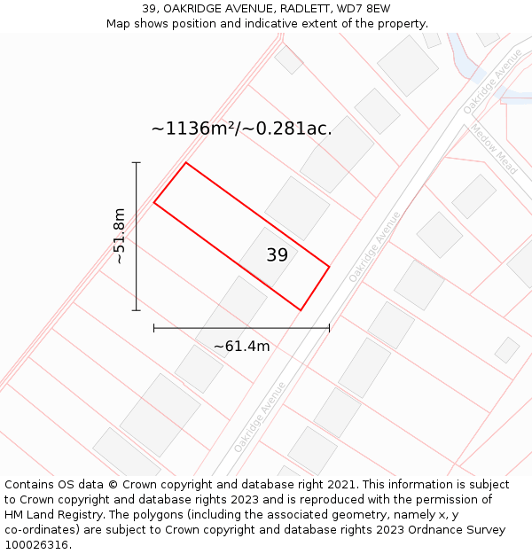 39, OAKRIDGE AVENUE, RADLETT, WD7 8EW: Plot and title map