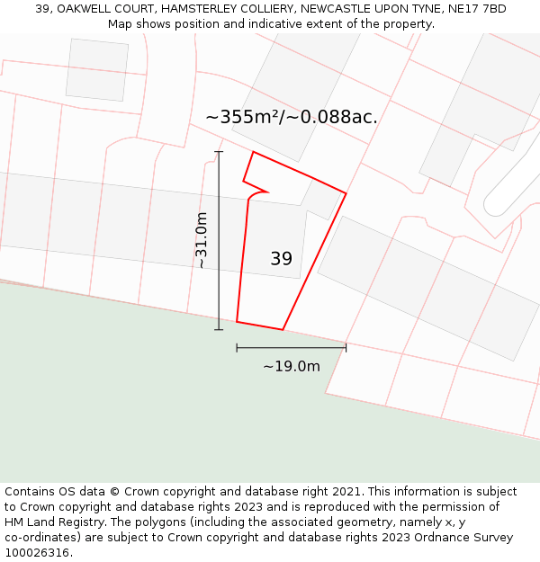 39, OAKWELL COURT, HAMSTERLEY COLLIERY, NEWCASTLE UPON TYNE, NE17 7BD: Plot and title map