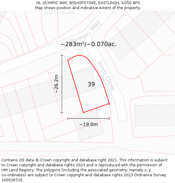 39, OLYMPIC WAY, BISHOPSTOKE, EASTLEIGH, SO50 8PS: Plot and title map