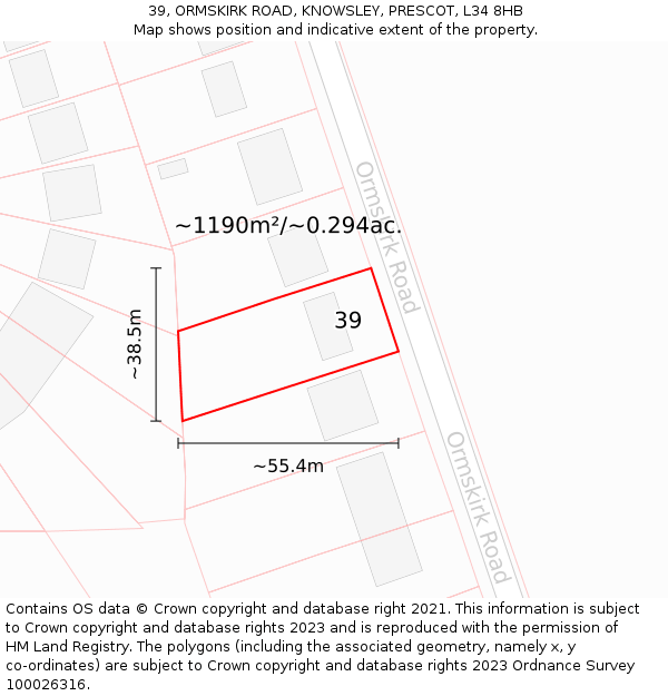 39, ORMSKIRK ROAD, KNOWSLEY, PRESCOT, L34 8HB: Plot and title map