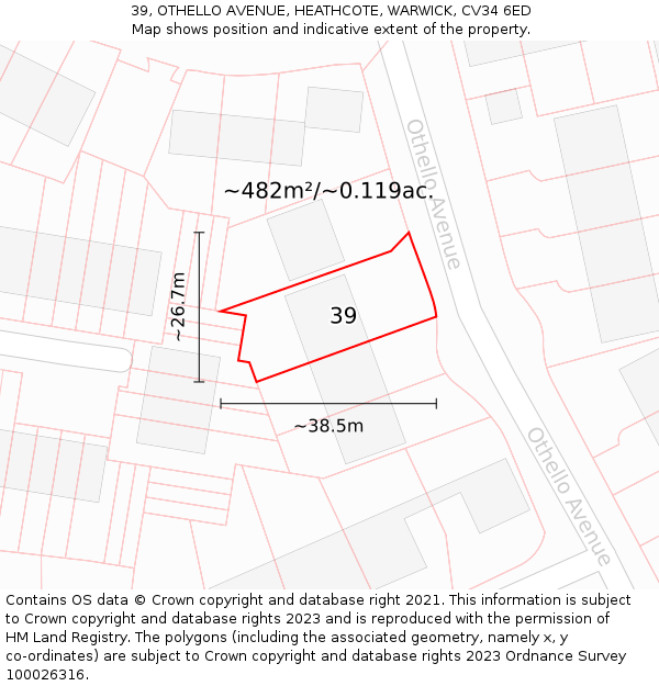 39, OTHELLO AVENUE, HEATHCOTE, WARWICK, CV34 6ED: Plot and title map