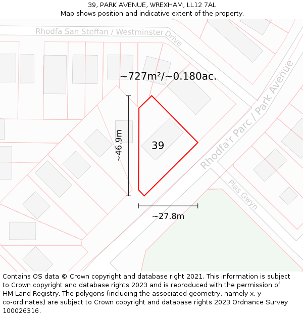 39, PARK AVENUE, WREXHAM, LL12 7AL: Plot and title map