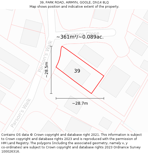 39, PARK ROAD, AIRMYN, GOOLE, DN14 8LQ: Plot and title map