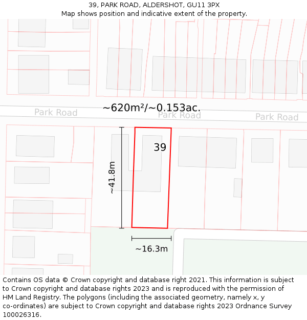 39, PARK ROAD, ALDERSHOT, GU11 3PX: Plot and title map