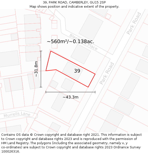 39, PARK ROAD, CAMBERLEY, GU15 2SP: Plot and title map