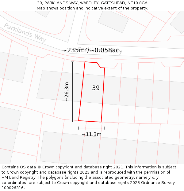 39, PARKLANDS WAY, WARDLEY, GATESHEAD, NE10 8GA: Plot and title map