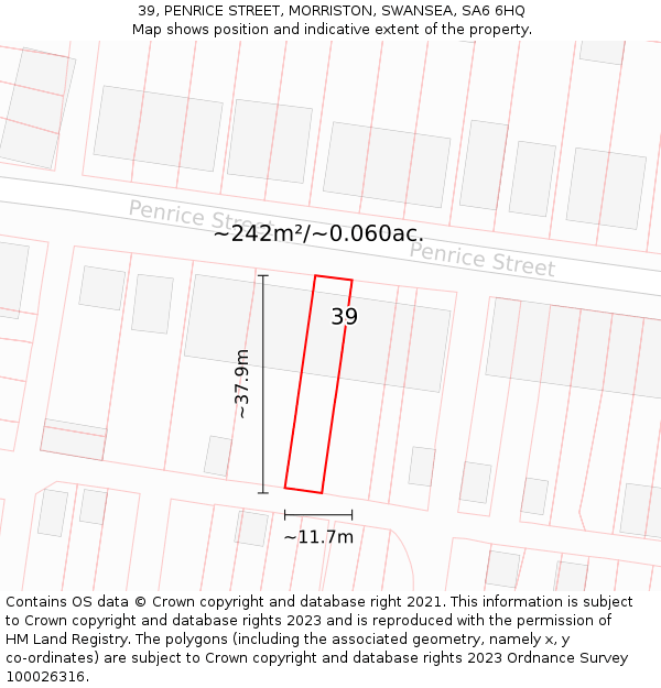 39, PENRICE STREET, MORRISTON, SWANSEA, SA6 6HQ: Plot and title map