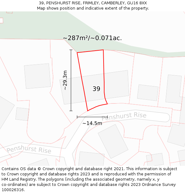 39, PENSHURST RISE, FRIMLEY, CAMBERLEY, GU16 8XX: Plot and title map