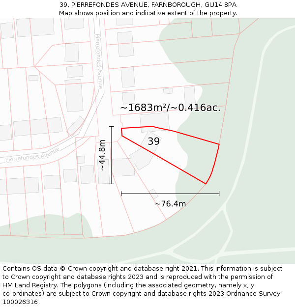 39, PIERREFONDES AVENUE, FARNBOROUGH, GU14 8PA: Plot and title map