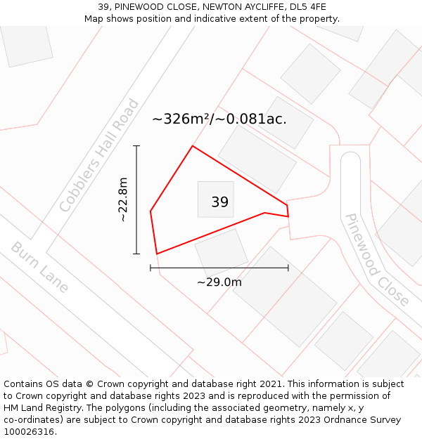 39, PINEWOOD CLOSE, NEWTON AYCLIFFE, DL5 4FE: Plot and title map