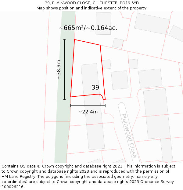 39, PLAINWOOD CLOSE, CHICHESTER, PO19 5YB: Plot and title map