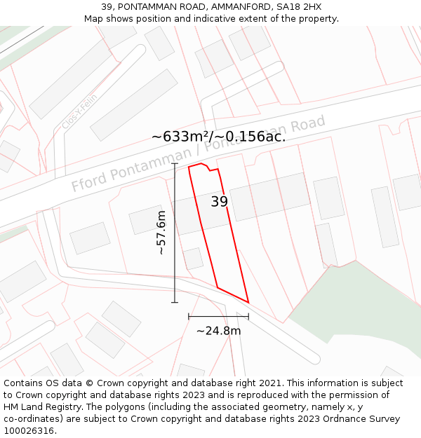 39, PONTAMMAN ROAD, AMMANFORD, SA18 2HX: Plot and title map