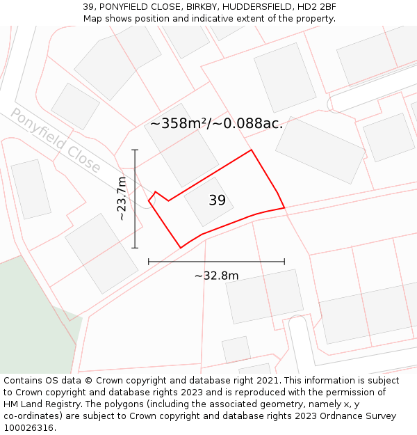 39, PONYFIELD CLOSE, BIRKBY, HUDDERSFIELD, HD2 2BF: Plot and title map