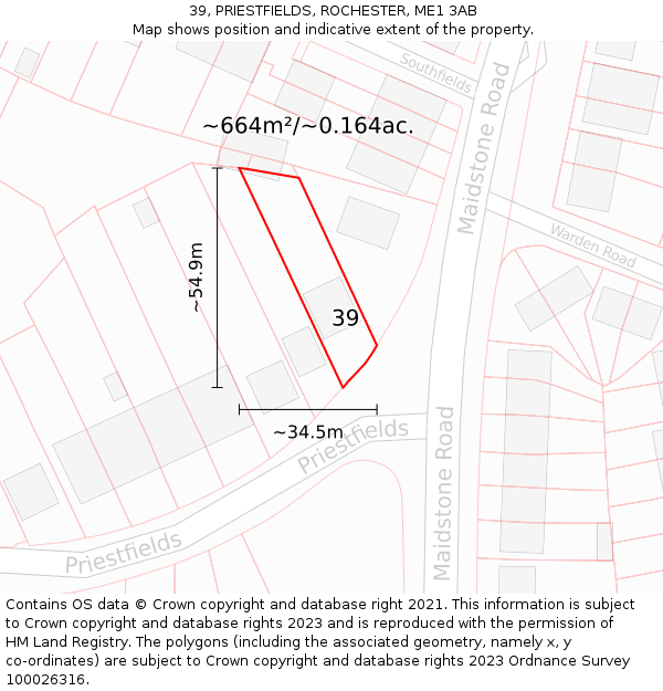 39, PRIESTFIELDS, ROCHESTER, ME1 3AB: Plot and title map