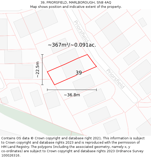 39, PRIORSFIELD, MARLBOROUGH, SN8 4AQ: Plot and title map