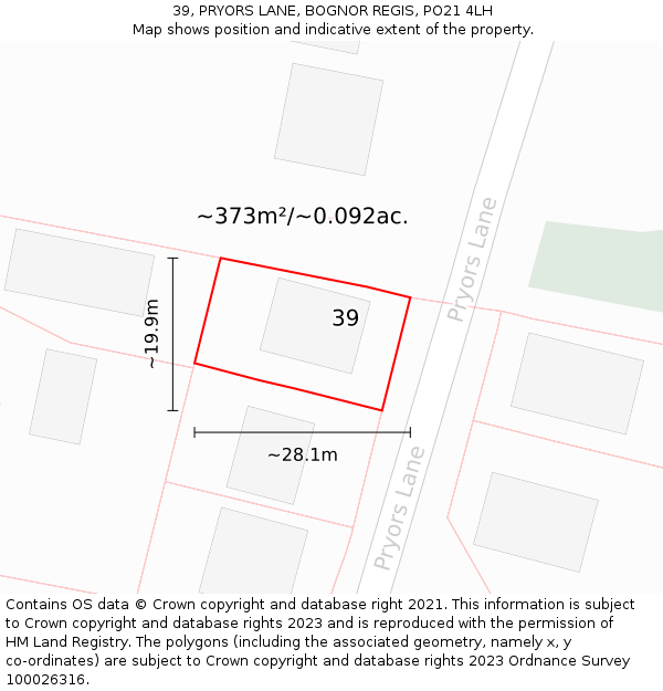 39, PRYORS LANE, BOGNOR REGIS, PO21 4LH: Plot and title map