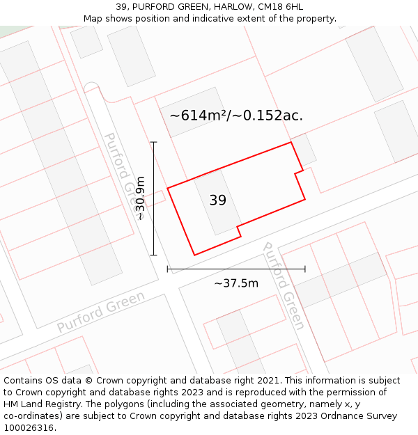 39, PURFORD GREEN, HARLOW, CM18 6HL: Plot and title map