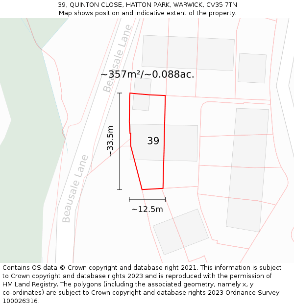 39, QUINTON CLOSE, HATTON PARK, WARWICK, CV35 7TN: Plot and title map