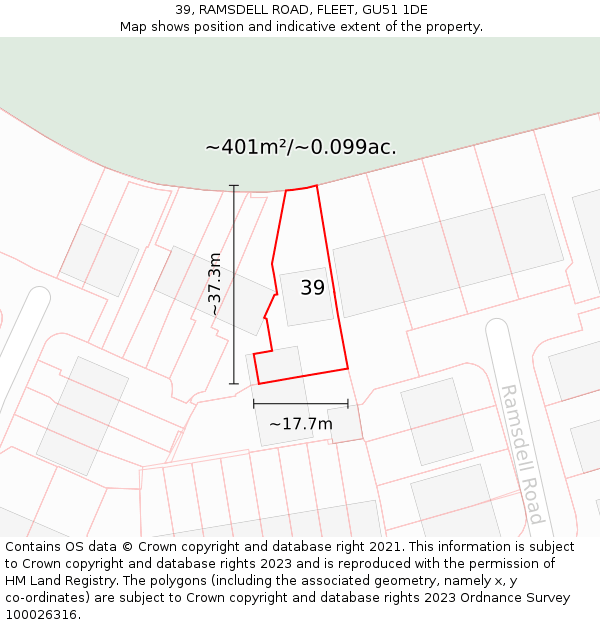 39, RAMSDELL ROAD, FLEET, GU51 1DE: Plot and title map