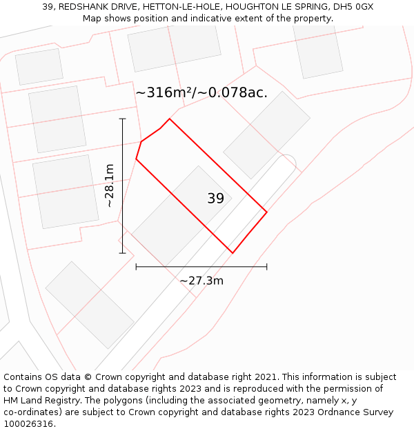 39, REDSHANK DRIVE, HETTON-LE-HOLE, HOUGHTON LE SPRING, DH5 0GX: Plot and title map