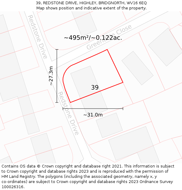 39, REDSTONE DRIVE, HIGHLEY, BRIDGNORTH, WV16 6EQ: Plot and title map