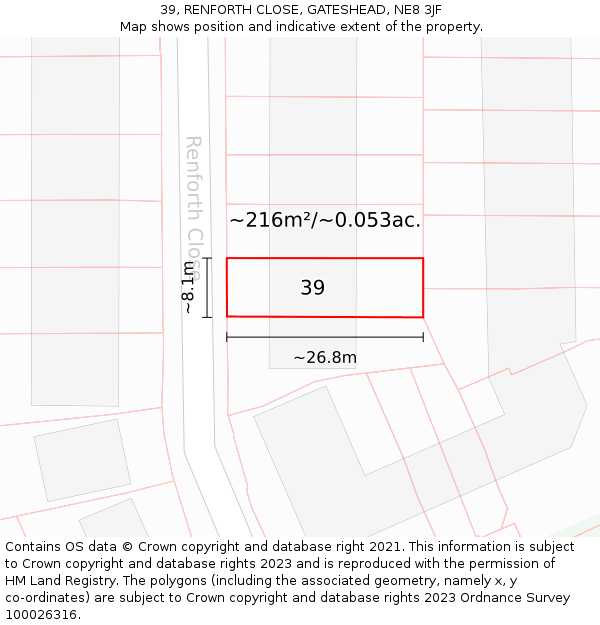 39, RENFORTH CLOSE, GATESHEAD, NE8 3JF: Plot and title map