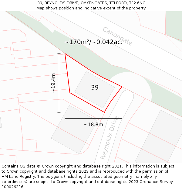 39, REYNOLDS DRIVE, OAKENGATES, TELFORD, TF2 6NG: Plot and title map