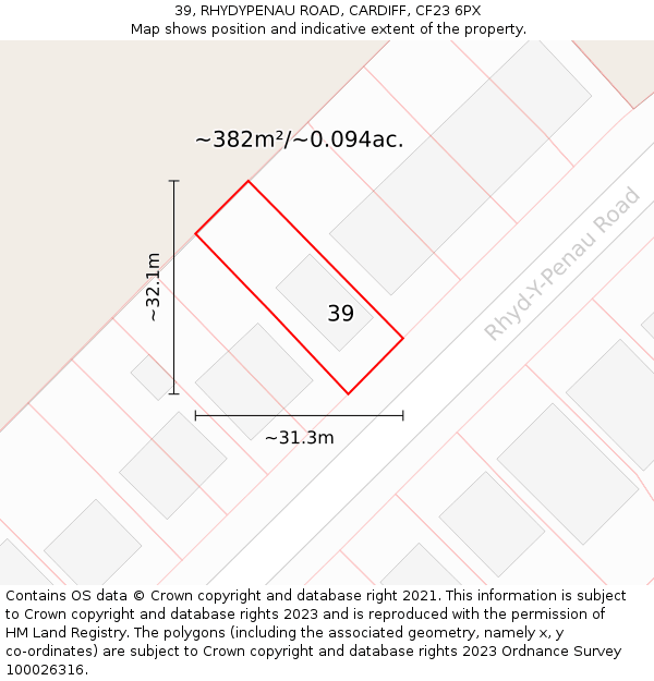 39, RHYDYPENAU ROAD, CARDIFF, CF23 6PX: Plot and title map