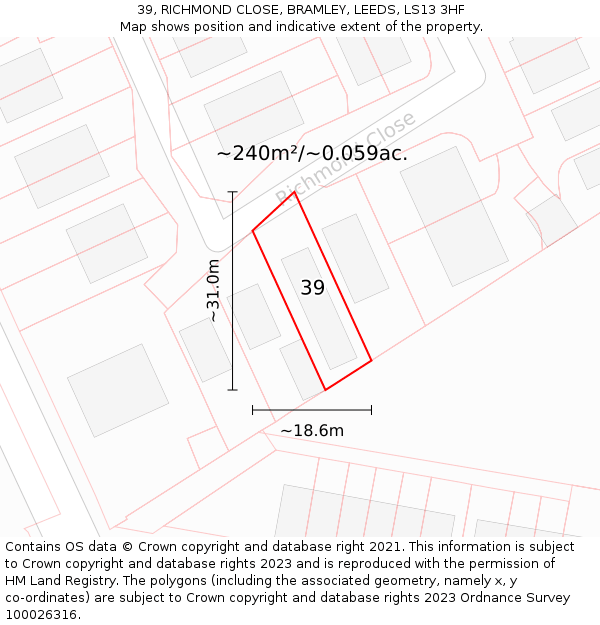 39, RICHMOND CLOSE, BRAMLEY, LEEDS, LS13 3HF: Plot and title map