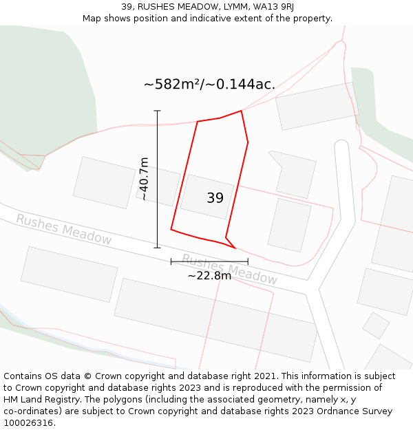 39, RUSHES MEADOW, LYMM, WA13 9RJ: Plot and title map