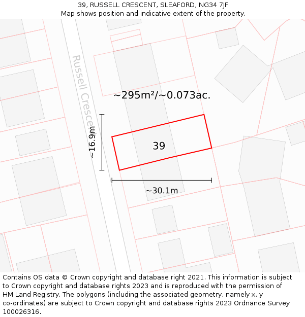 39, RUSSELL CRESCENT, SLEAFORD, NG34 7JF: Plot and title map