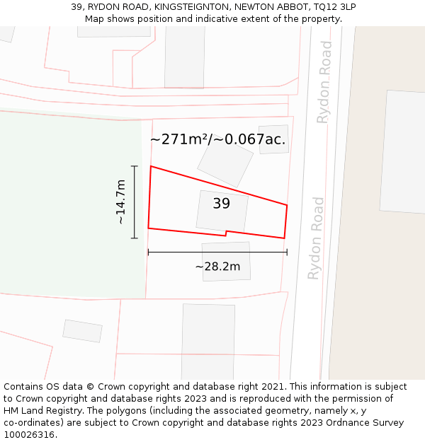39, RYDON ROAD, KINGSTEIGNTON, NEWTON ABBOT, TQ12 3LP: Plot and title map